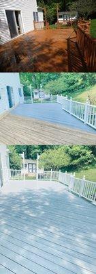 The deck was power washed, stripped, sanded and painted.