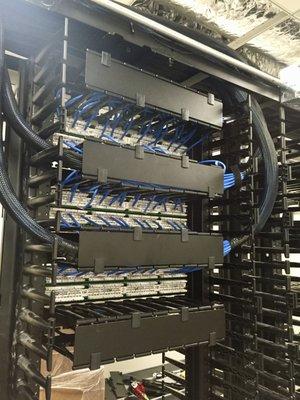 Cat6 socked and terminated onto a Leviton data patch panel