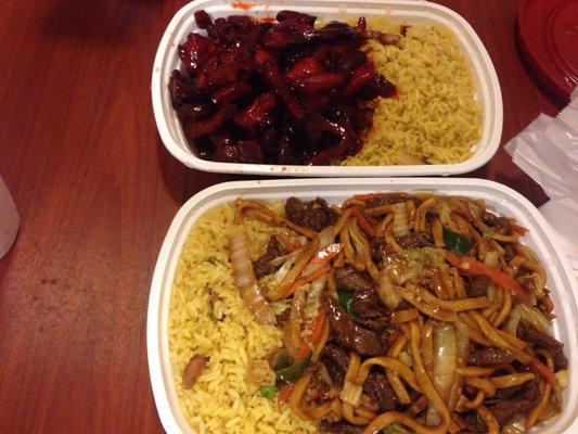 Take out beef lo mein (~$7)and boneless spare ribs (~$7)