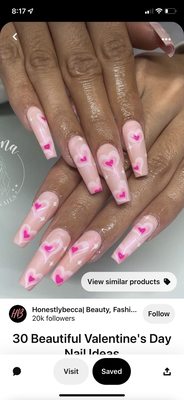 Design that I wanted on each of my ring fingers, with pink french on my other nails.