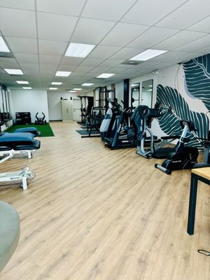 Physical therapy treatment gym designed for orthopedic and sports rehab. Squat rack, weight machines, and cardio equipment.