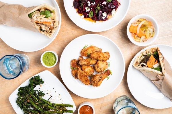 Wings, Wraps, Broccolini, Beet Salad and Pickles