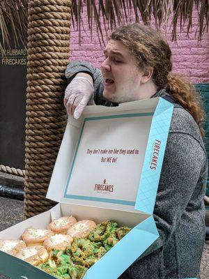 Max with the pistachio and key lime cheesecake donuts from Firecakes