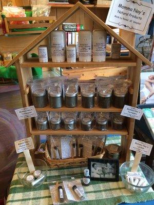 Momma Nay's natural products, made and sold here in 'Dimples'.  Toothpaste, Toothpowder, Deodorant, Healing Salve and Lip Balm