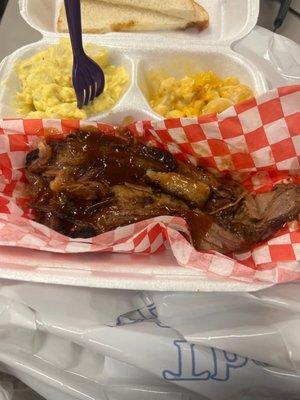 Bbq brisket, potato salad,  Mac and cheese