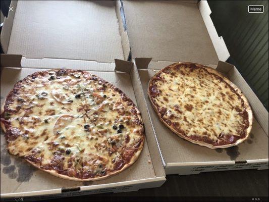 Veggie 16" on left and Pepperoni cheese on the right.