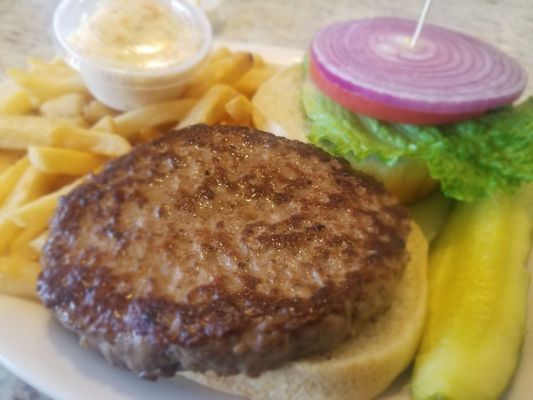 Hamburger platter. No condiments on the burger.