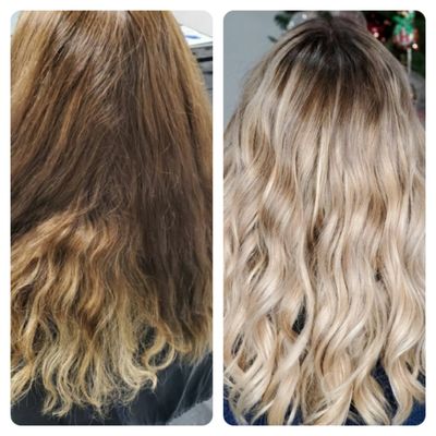 From box brown to a beautiful rooted blonde balayage!
Hair by: Haley