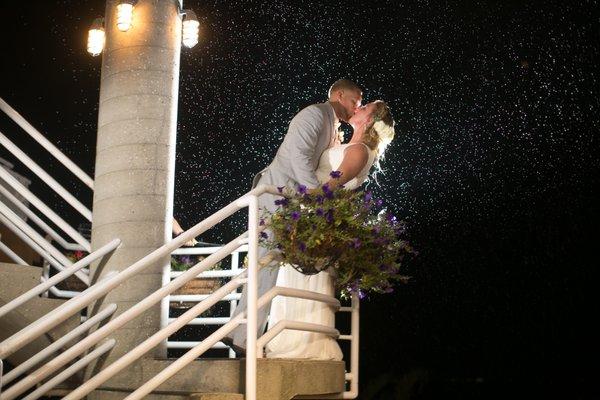 Crescent Beach Club Bride and Groom on Staircase