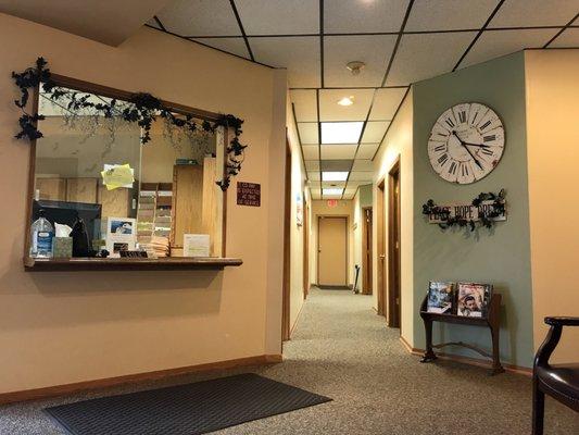 Reception desk and hallway back to Therapy rooms