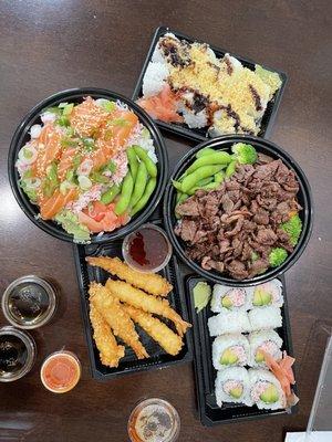 Alaskan Sushi Bowl. Steak Bowl with Veggies.  8pcs Crunch Roll. California Roll (8). 6pcs Shrimp Tempura.