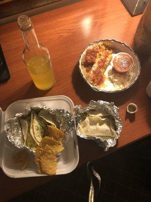 chicken soft tacos, combination plate and cocktail.