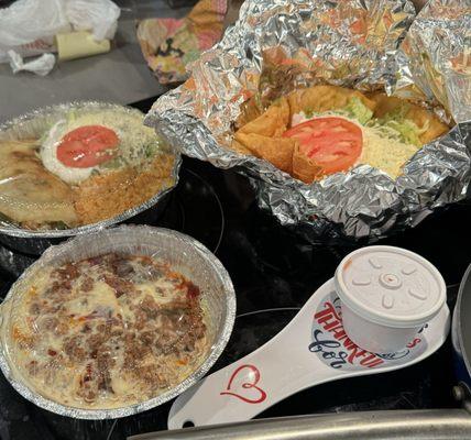 Taco bowl, Shrimp chimichanga and Chorizo cheese dip Exceptional