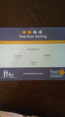 Parent Aware quality rating 2 star, 4 star rating applied for year 2016