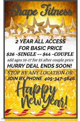 New Year 2 year for new members!  Join us today $26 a month single or $44 a month couple add children under 18 for $5 dollars a month!