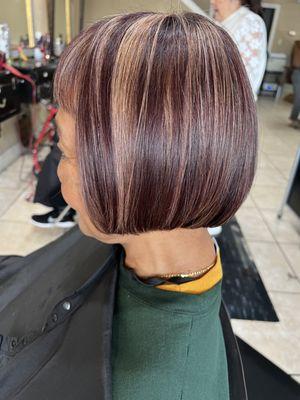 These haircut is a short, Bob Color, purple with partial, highlights it looks so beautiful