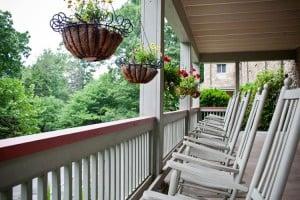 Rocking chairs make the front porch a great place to meet - or retreat!  Great views of the Blue Ridge Mountains from the Lodge in Montreat.