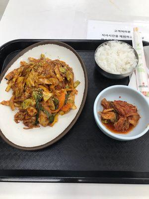 Spicy pork intestines, kimchi and side rice