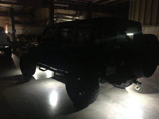 We installed 8 white LED rock lights on this Jeep Wrangler. This is a sure fire way to break necks at night.