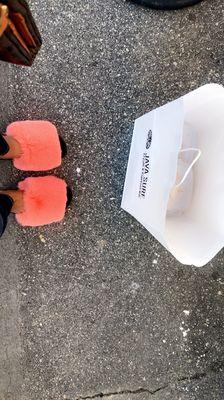 Peach fuzzy slides