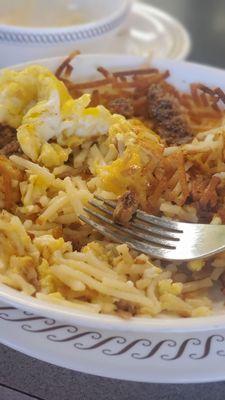 Up close and personal Sausage, egg, cheese and hashbrown bowl. Yummy!!