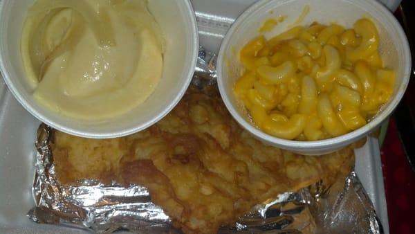 Fish, mac n cheese, & peirogies. Yum!