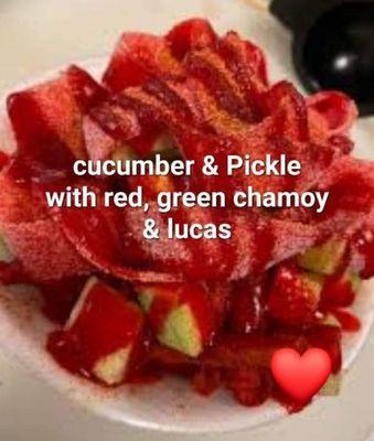 Cucumber & pickles with chamoy,  lucas, lime and more