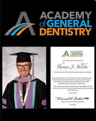 Dr. Skleba received the Academy of General Dentistry Fellowship award in June 2018.  Only 6% of general dentists have earned this title.