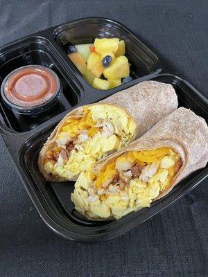 Breakfast Burritos, salsa and fruits