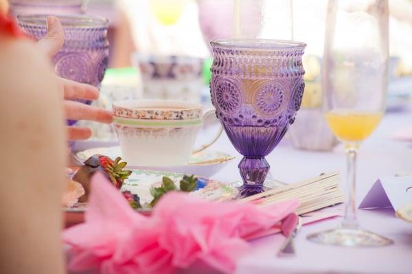 Purple Parisian water goblets complement our beautiful shabby chic English bone china.