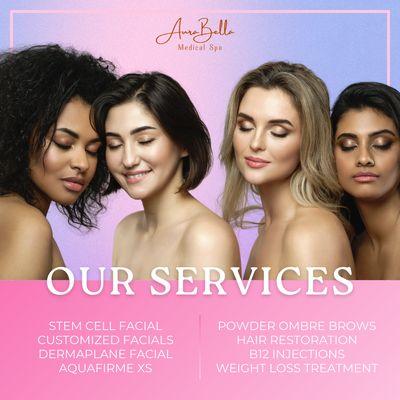 Some of our services include stem cell facials, weight loss, dermaplane facials, aquafirme xS, powder obre brows, hair restoration