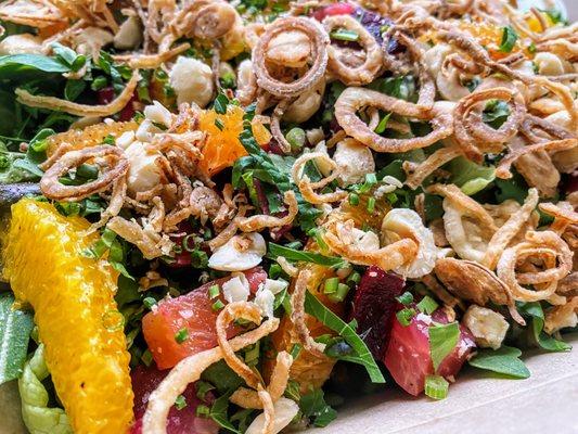 Salt-baked beet salad with orange, herbs, fried shallots and toasted hazelnuts. Vegan!