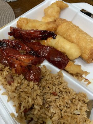 C25 beef teriyaki, chicken fingers, boneless spare ribs egg roll pork fried rice. (I had already bitten into the Beef teriyaki so not shown)