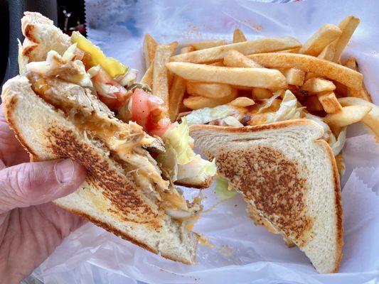 Grilled Chicken Sandwich, w/ seasoned fries. Delish! A LOT of lunch right there; I took half of it home to enjoy later.