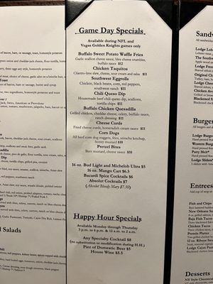 Menu - Game Day Specials and Happy Hour Specials