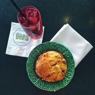 Apricot, pear, and raisin scone with hibiscus iced tea