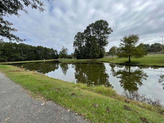 a sidewalk wraps around a lake by the church