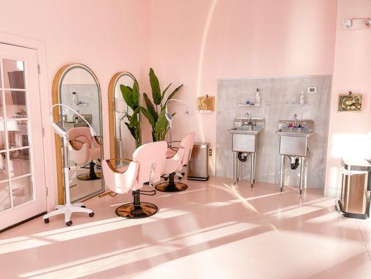 Our pink paradise! The perfect place to relax and get your brows slayed!