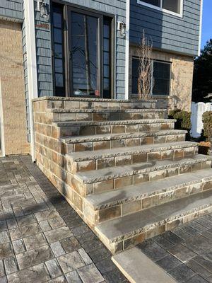 Steps westchester wall, brick, and limestone treads, and Westchester pavers with charcoal border