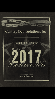 Century Debt Solutions, Inc. earns the 2017 Consumer Services Award from The Woodland Hills Awards Program. This is the 2nd year in a row.