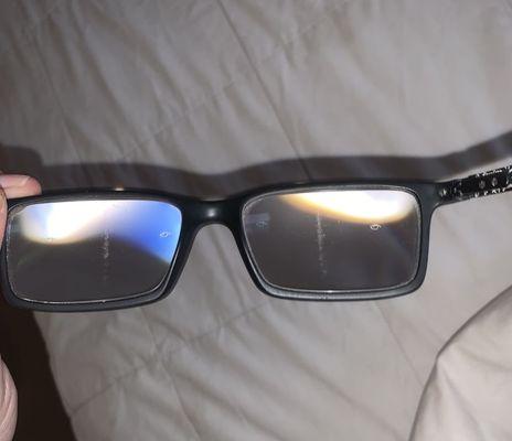 Defect in lenses running vertically through BOTH lenses in the SAME spot! Warrantied? No. I was told I did it!