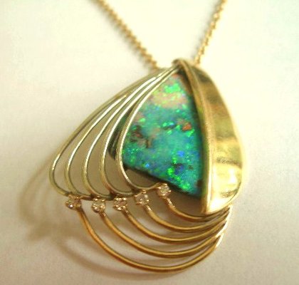 Boulder Opal, Diamond and 14K Gold Pendant