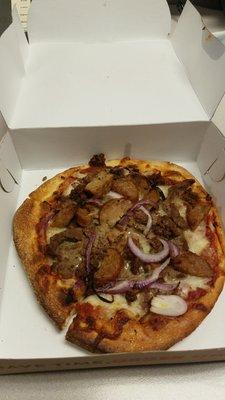 6 inch personal pizza with steak, sausage and ground beef. So good.