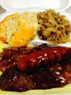 Ribs, hot link (sausage) with Cheesy Potatoes and Cabbage...Delicious!!