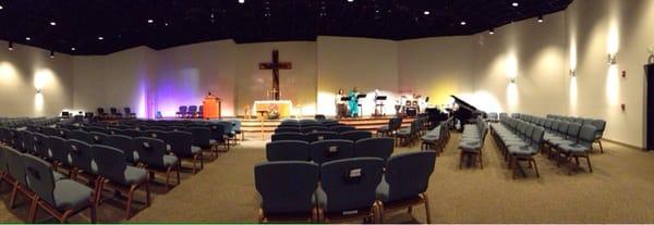 Panoramic view of rebuilt sanctuary.