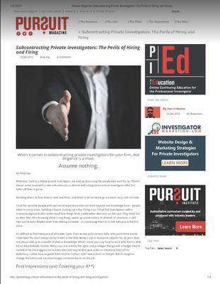 Andy Kay, Founder of K&A Investigations Calabasas, California. wrote an article for Pursuit Magazine, an Investigative Industry publication.