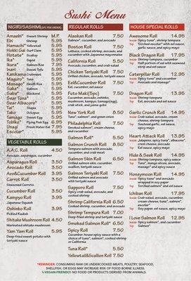 Updated Menu For Nuri Sushi