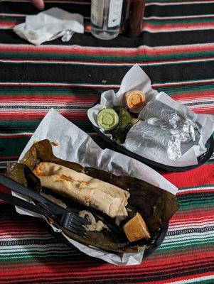 Pork tamal ($4) and asada burrito ($13)