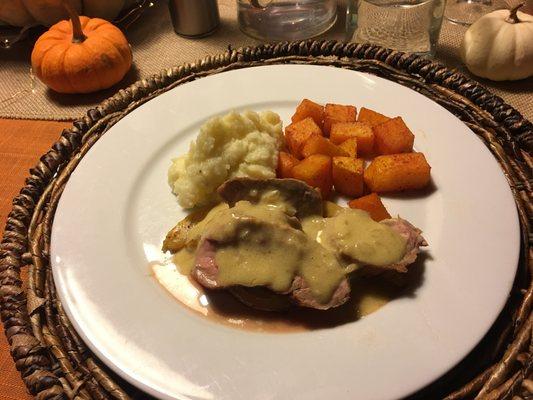 Grilled Pork Tenderloin with sauteed pears and shallots and mustard sauce; roast butternut squash and mashed potatoes