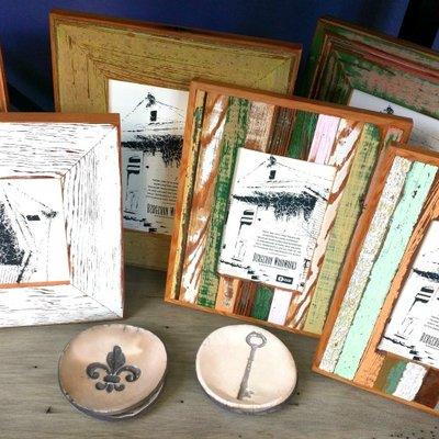 local pottery and reclaimed wood frames